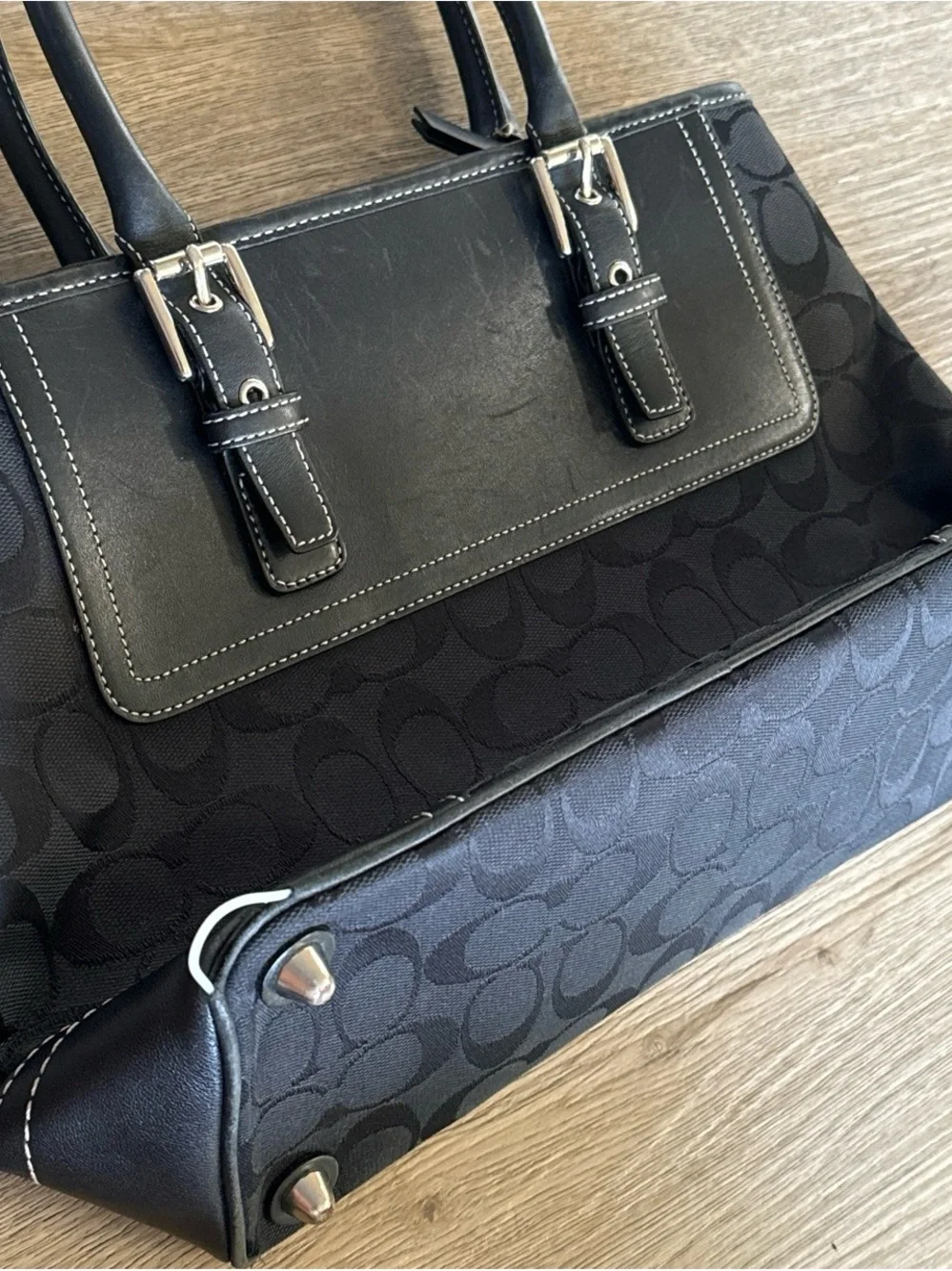 Coach Black Signature Satchel with Leather Trim and Top Handles
